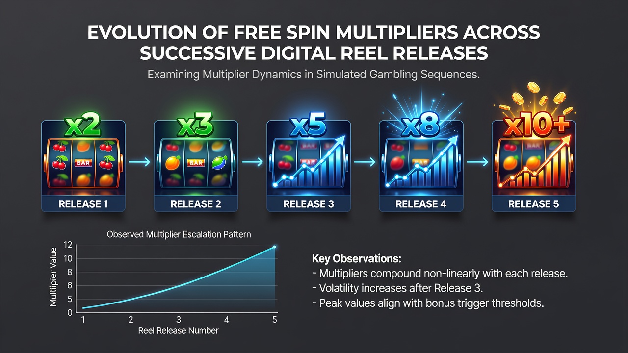 Close-up view of digital reels highlighting multiplier progression during a free spin sequence in updated gambling software
